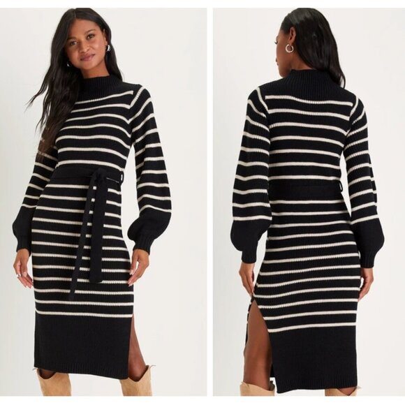 New! Lulus Stripe Things Up Black Striped Mock Neck Sweater Dress 35552 - Picture 1 of 15